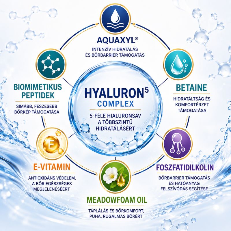 A Wellmaxx hyaluron⁵ anti-aging professzionális kabintermékek fő hatóanyagai
